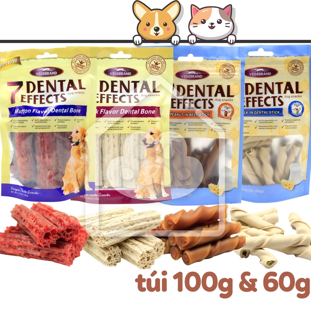Bánh thưởng xương gặm 7 Dental Effects ngon nhiều vị túi 100g và 60g - Bivido