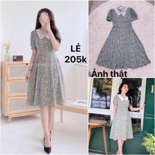 Bán sỉ Đầm xanh hoa nhí cổ ren dáng xoè