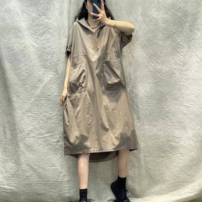 Đầm Len Mỏng Tay Ngắn Có Mũ Đuôi Dài Đến Đuôi Xuất Khẩu Nhật Bản Phối Vải Len Có Túi Cho Nữ