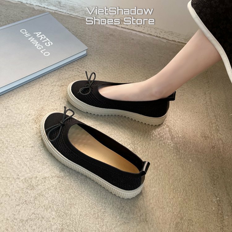 Giày búp bê slip on - Giày lười nữ dệt kim nguyên chiếc 2 màu đen và khaki, đế cao su mềm chống trơn trượt - Mã A31