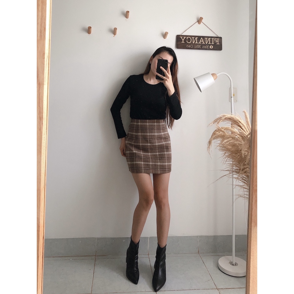 Chân váy chữ A, chân váy nữ dáng ngắn ⚡ HÀNG CAO CẤP ⚡  vải dạ sọc nâu Hàn quốc - V02 | BigBuy360 - bigbuy360.vn