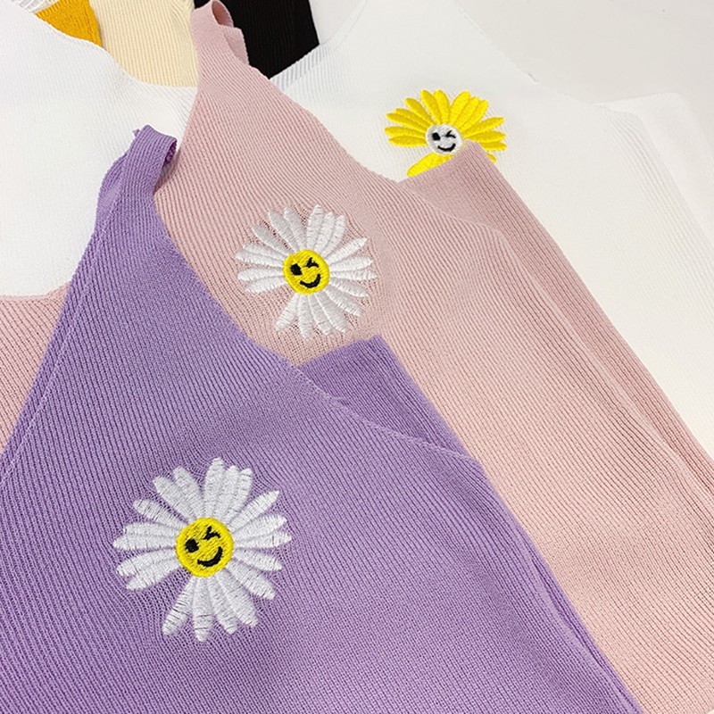 Women Casual Knitted Daisy Embroidery Cami Tops Summer Vest Sleeveless Basic Camisole | BigBuy360 - bigbuy360.vn