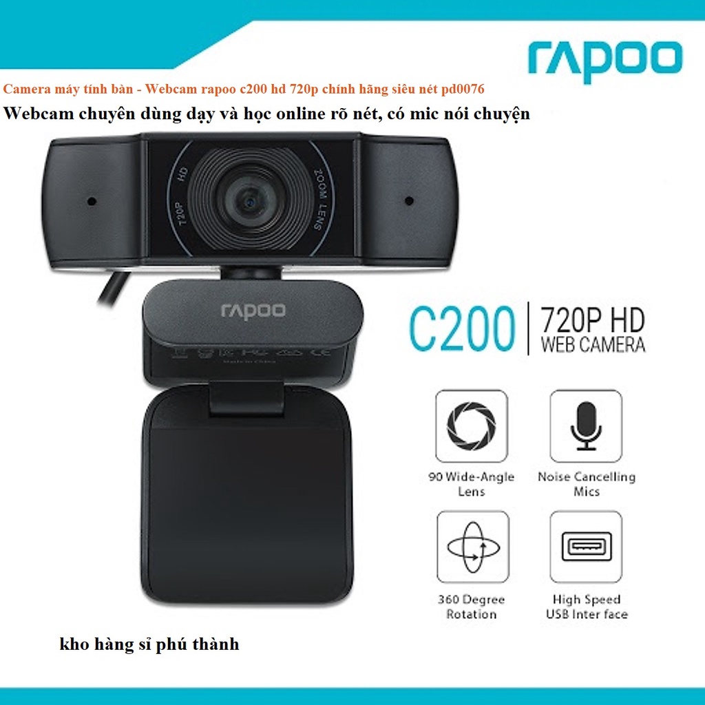 Camera máy tính bàn có mic nói chuyện - Webcam rapoo c200 hd 720p chính hãng siêu nét pd0076