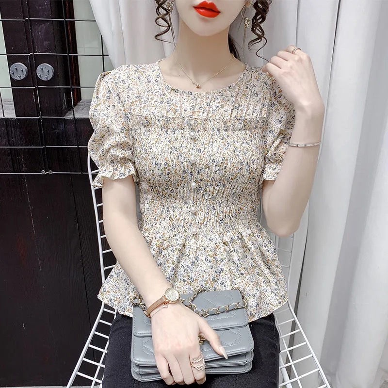 Áo Chiffon Hoa Ngắn Tay Xếp Ly Thời Trang Phương Tây