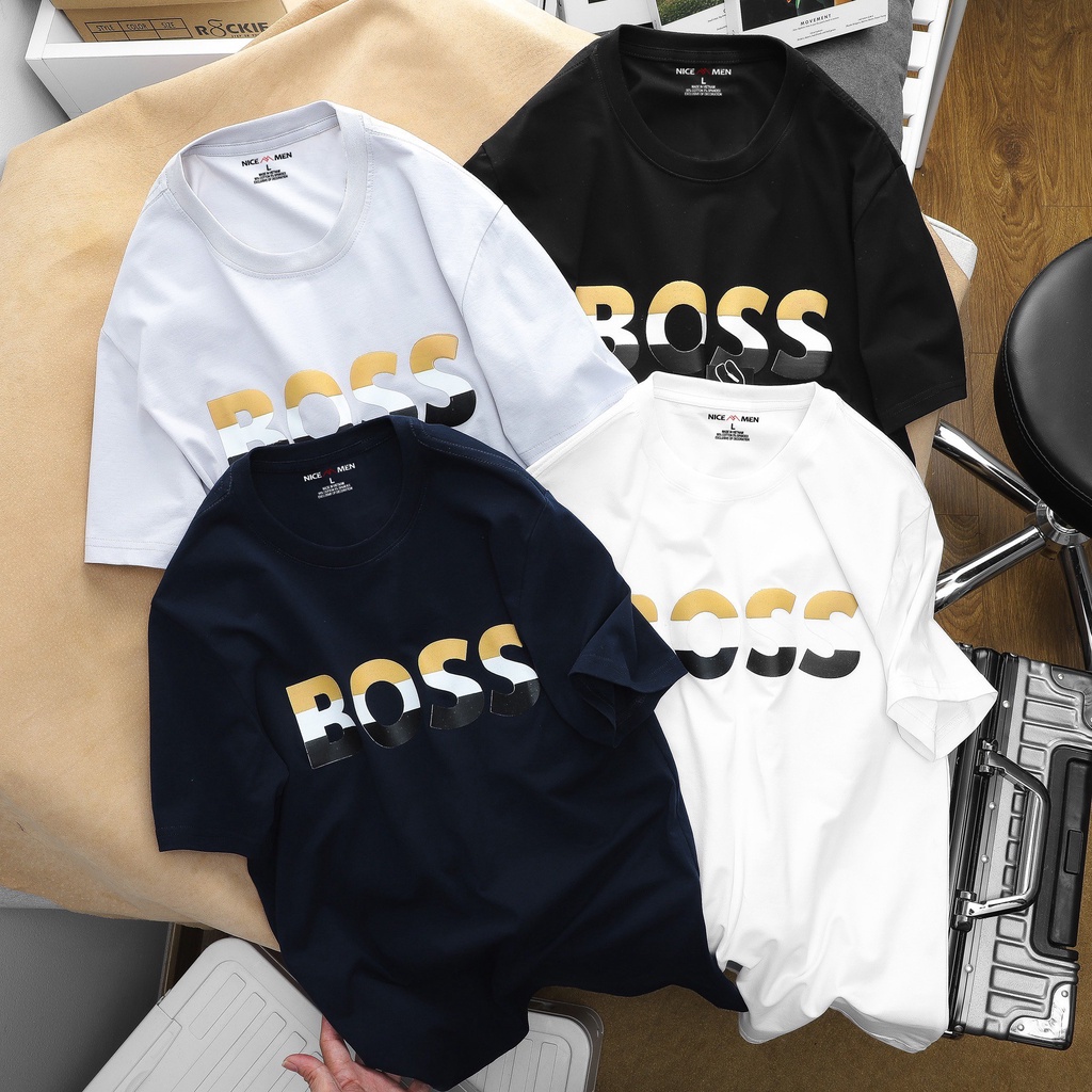 Áo Thun Form Rộng Unisex Tay Ngắn 50 - 90KG Cotton 4 chiều - In chữ - BOSS - Đen, Trắng, Xanh