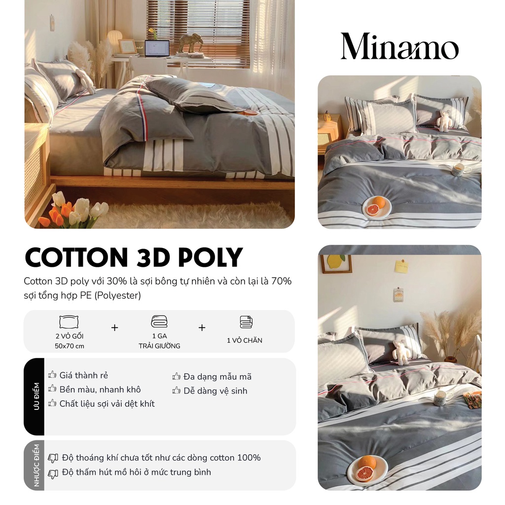 Bộ vỏ chăn ga gối cotton poly 3D, drap giường, ra nệm hiện đại, trẻ trung, bo chun miễn phí - Minamo B04.4