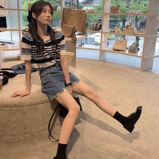 Áo Thun Dệt Kim Tay Ngắn Cổ Tròn Dáng Rộng Họa Tiết Kẻ Sọc Thời Trang Trẻ Trung