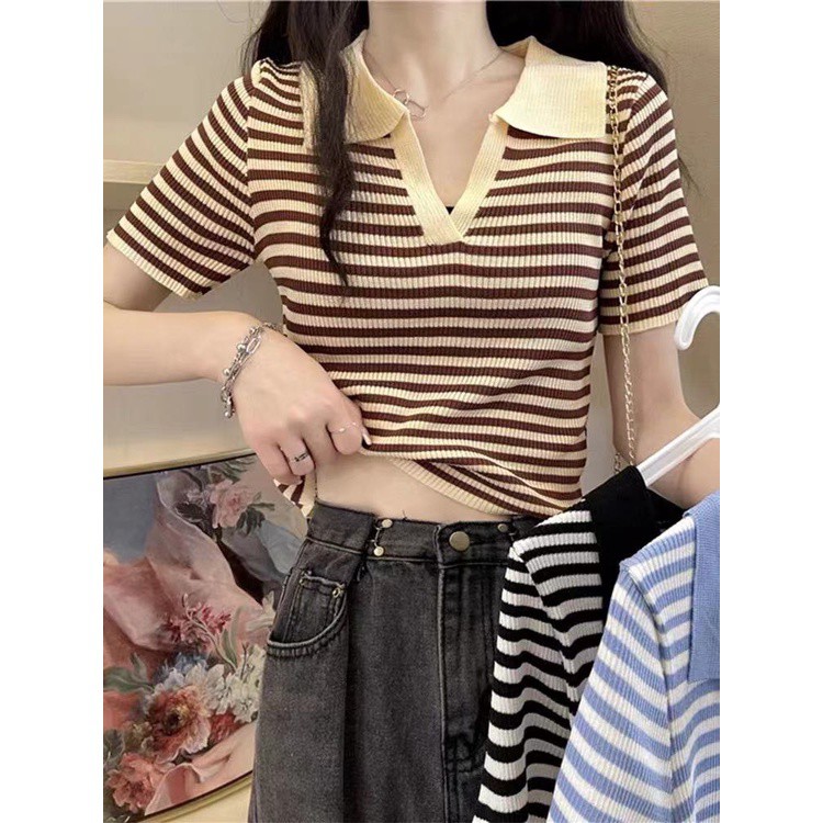 Áo len nữ croptop có cổ cộc tay thu đông kẻ ngang 3 màu đẹp | BigBuy360 - bigbuy360.vn
