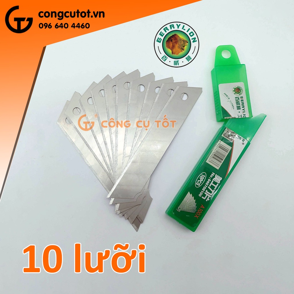 Hộp 10 lưỡi dao rọc giấy khổ lớn Berrylion A100X - 7 khía