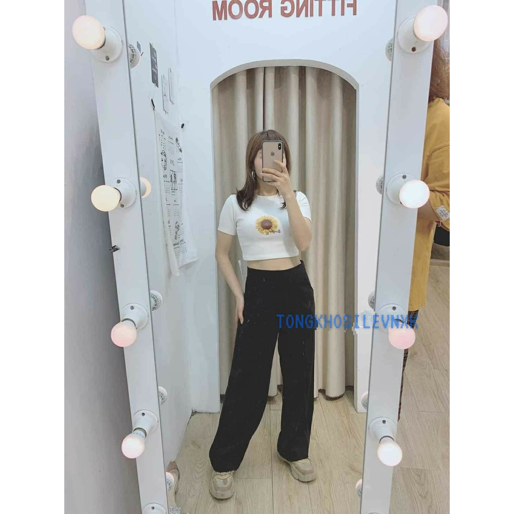 ÁO CROPTOP HOA MẶT TRỜI CHẤT BOZIP HOT 2 MÀU ĐEN TRẮNG