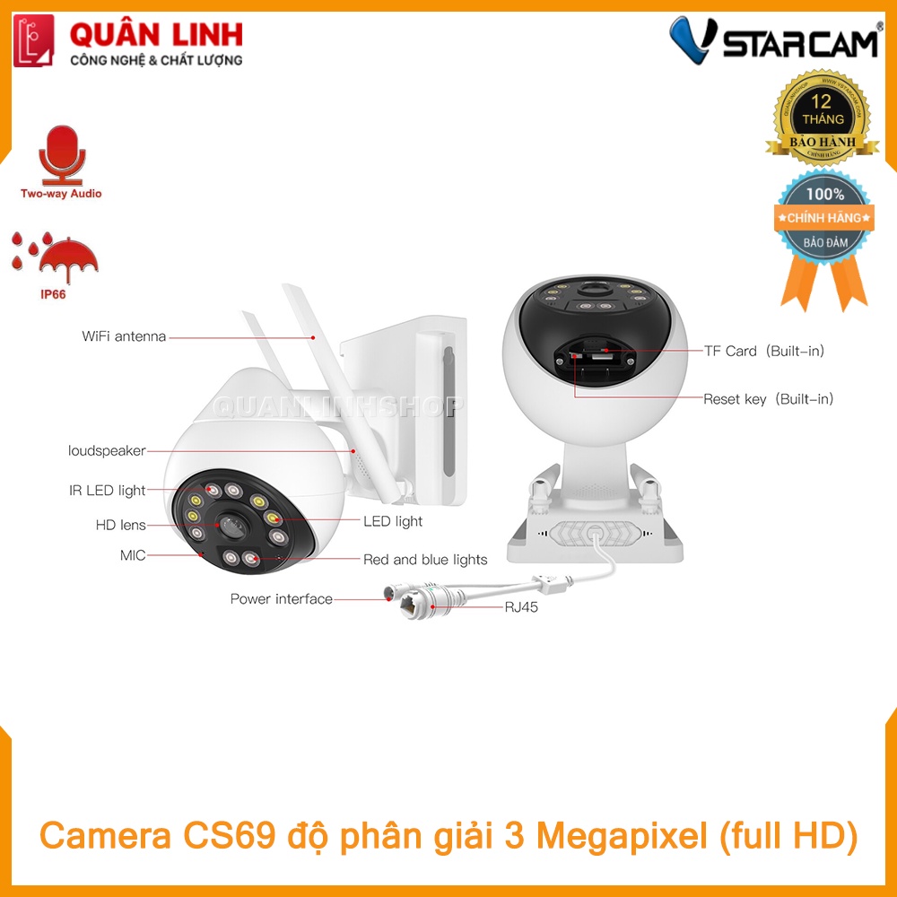 Camera ngoài trời Vstarcam CS69 Full HD 1080P , tích hợp AI bảo hành 12 tháng