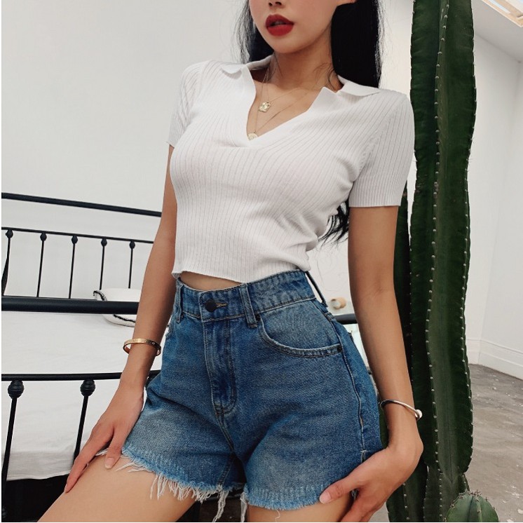 Áo thun POLO dệt kim tay ngắn cổ chữ V phong cách retro | BigBuy360 - bigbuy360.vn