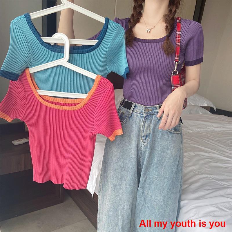 [Chụp ảnh thật 💕]áo croptop nữ       Coloring square leadwear female lock bone top 2020 new summer slim set inside short-sleeved shirt