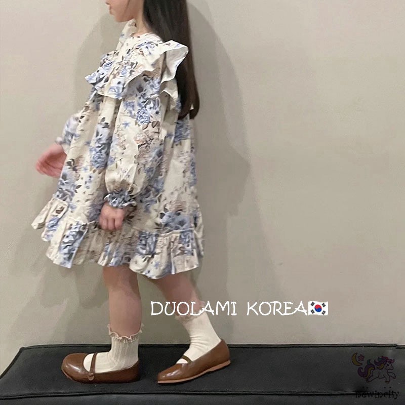 Đầm Công Chúa Tay Dài In Hoa Phối Bèo Kiểu Hàn Quốc Xinh Xắn Cho Bé Gái