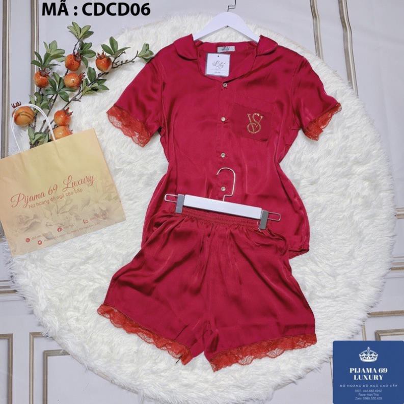 Pijama lụa ngắn tay cao cấp, đồ bộ mặc nhà nữ thiết kế chất latin loại 1 cộc đùi ren đính đá sang trọng 69 Luxury