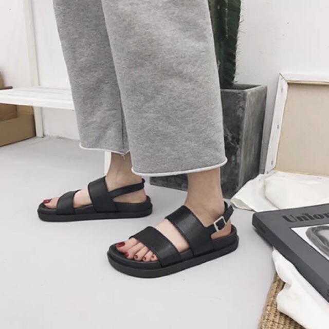 sandal đi học nam nữ 2 quai ngang to màu đen