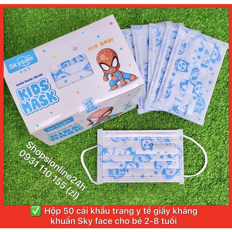 ✅ Hộp 50 cái khẩu trang y tế Skysafe giấy kháng khuẩn cho bé dưới 8 tuổi hình doremon