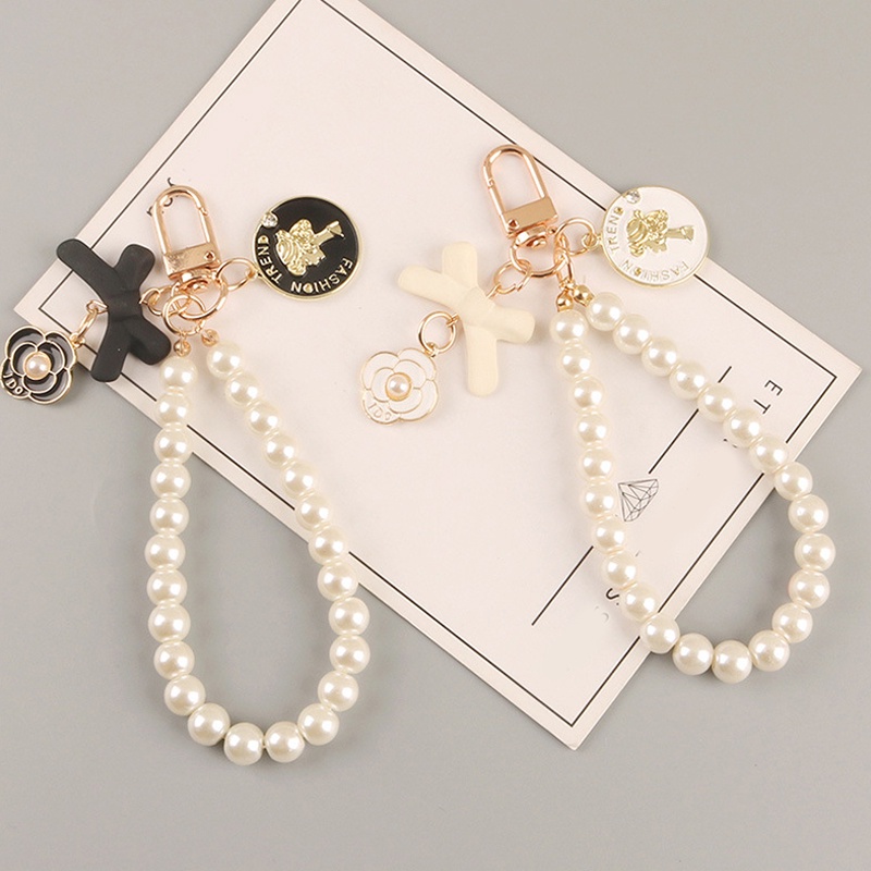 Móc khóa trang trí túi xách/điện thoại hình bông hoa và nơ phối chuỗi hạt ngọc trai nhân tạo tinh tế