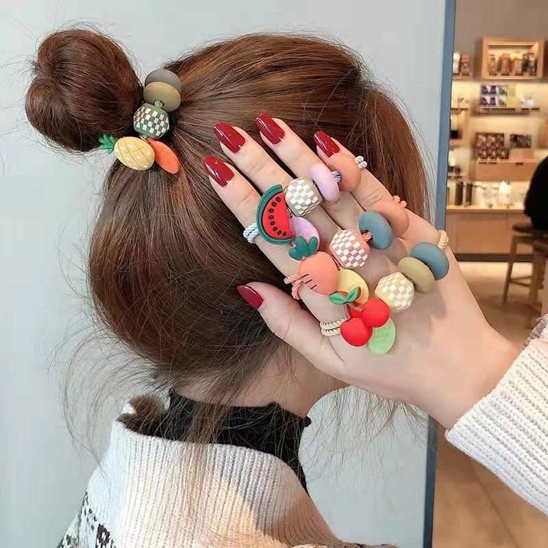 Dây Buộc Tóc Da Cao Su Co Giãn Đính Hạt Nhiều Màu Hình Trái Cây Thời Trang Cho Nữ