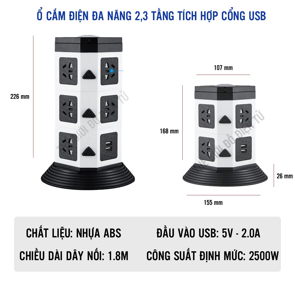 Ổ Cắm Điện Đa Năng 2, 3 Tầng Socket 2 Cổng Usb, Ổ Điện Chụi Tải 2500W Dây Nối Dài 1,8m An Toàn Sử Dụng