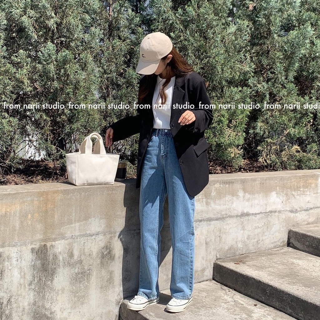 Quần jeans nữ ống rộng NARII jean dài lưng cao Hàn Quốc xanh nhạt