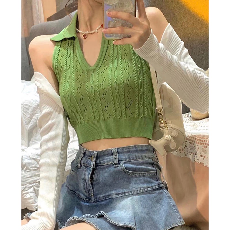 Jiashucheng Hàng Có Sẵn Áo Dệt Kim Sát Nách Dệt Kim Dáng Ôm Ngắn Thời Trang Mùa Hè Tinh Tế Cho Nữ