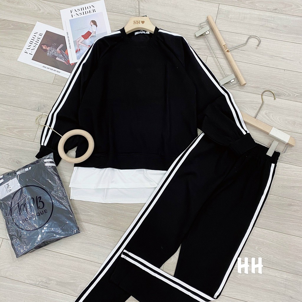 S7283 Set Áo Thụng Dài Tay Phối Đuôi Bèo và Quần Legging Chạy Viền Sọc Das Tôn Dáng