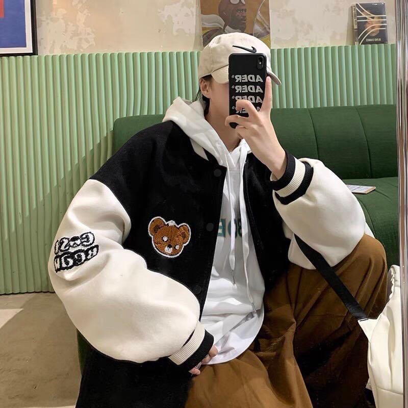Áo khoác bomber nỉ thêu gấu nút bấm unisex( hàng l1 )