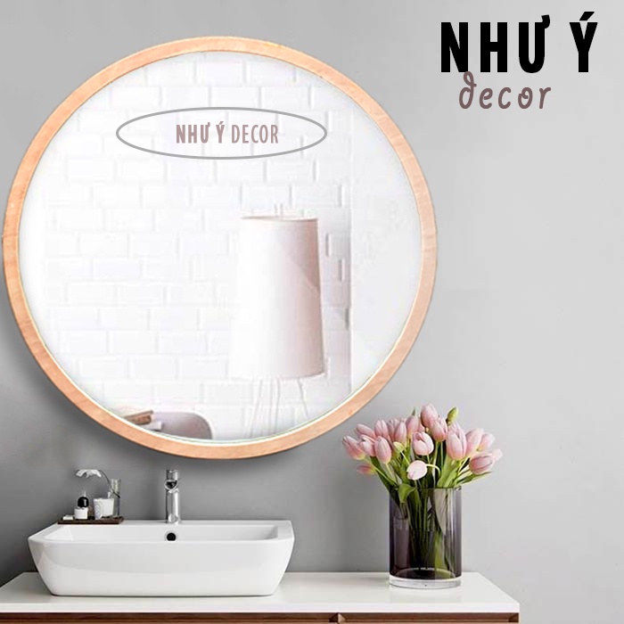 Gương soi nhà tắm tròn viền gỗ treo tường cao cấp D40- Gương tròn decor phòng tắm hoặc phòng ngủ