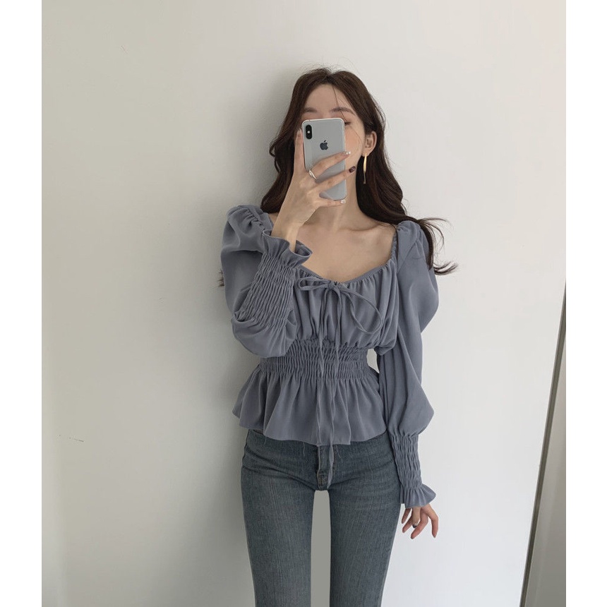 COZOK Áo Sơ Mi Tay Dài Cổ Vuông Nhấn Eo Phong Cách Retro Nữ Tính