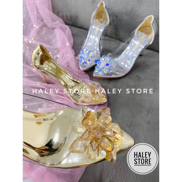 Giày bít cao gót tiểu thư quai trong suốt đính đá pha lê HALEY STORE