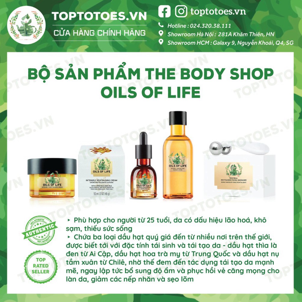 SALE THÔI NÀO Bộ sản phẩm làm căng mọng và trẻ hoá da cao cấp OILS OF LIFE THE BODY SHOP essence, oil, serum, kem dưỡng 