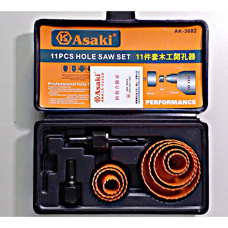 Bộ khoét lỗ gỗ và thạch cao Asaki AK-3682: Ø19, 22, 29, 32, 38, 44, 51, 64mm