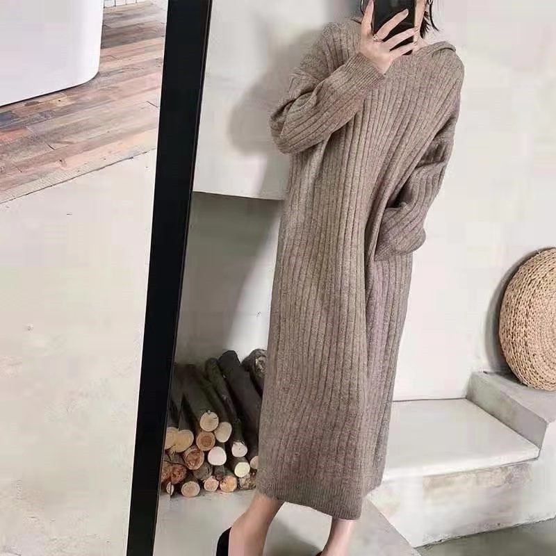 Đầm Sweater Dệt Kim Dáng Rộng Dài Quá Gối Có Mũ Trùm Kẻ Sọc Dọc Kiểu Mới Thời Trang Thu Đông Cho Nữ
