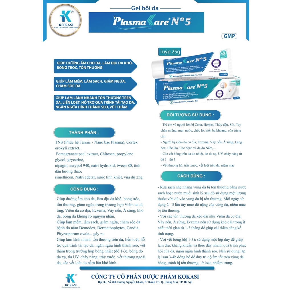 Gel bôi da PlasmaKare No5 giúp hết ngứa, lành nhanh loét, vết thương hở- 25g