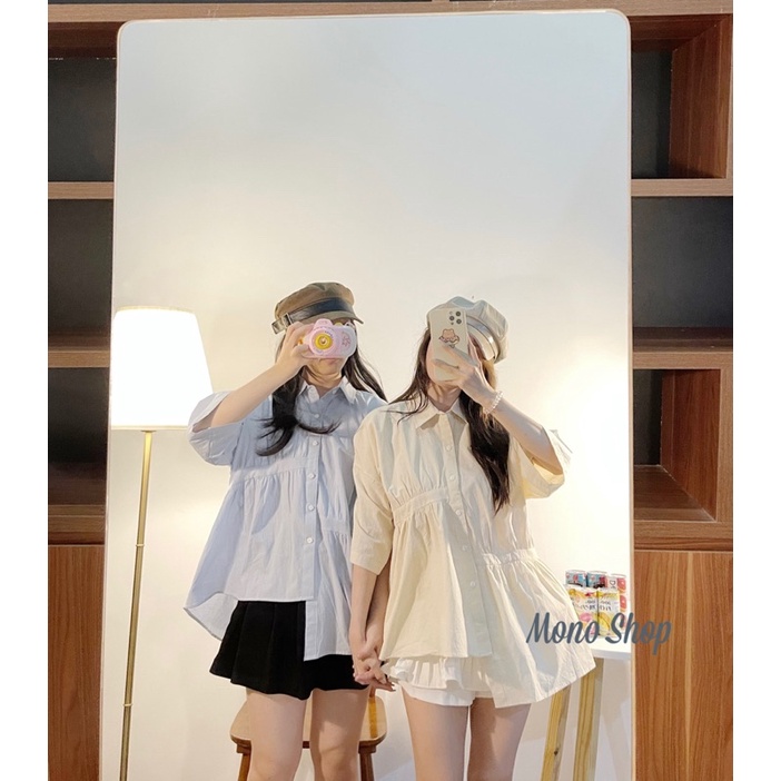 [Mã SKAMLTSM9 giảm 10% đơn 99K] Áo sơ mi cộc tay vạt lệch nhún cách điệu, áo babydoll nhún eo (ảnh thật/sẵn)