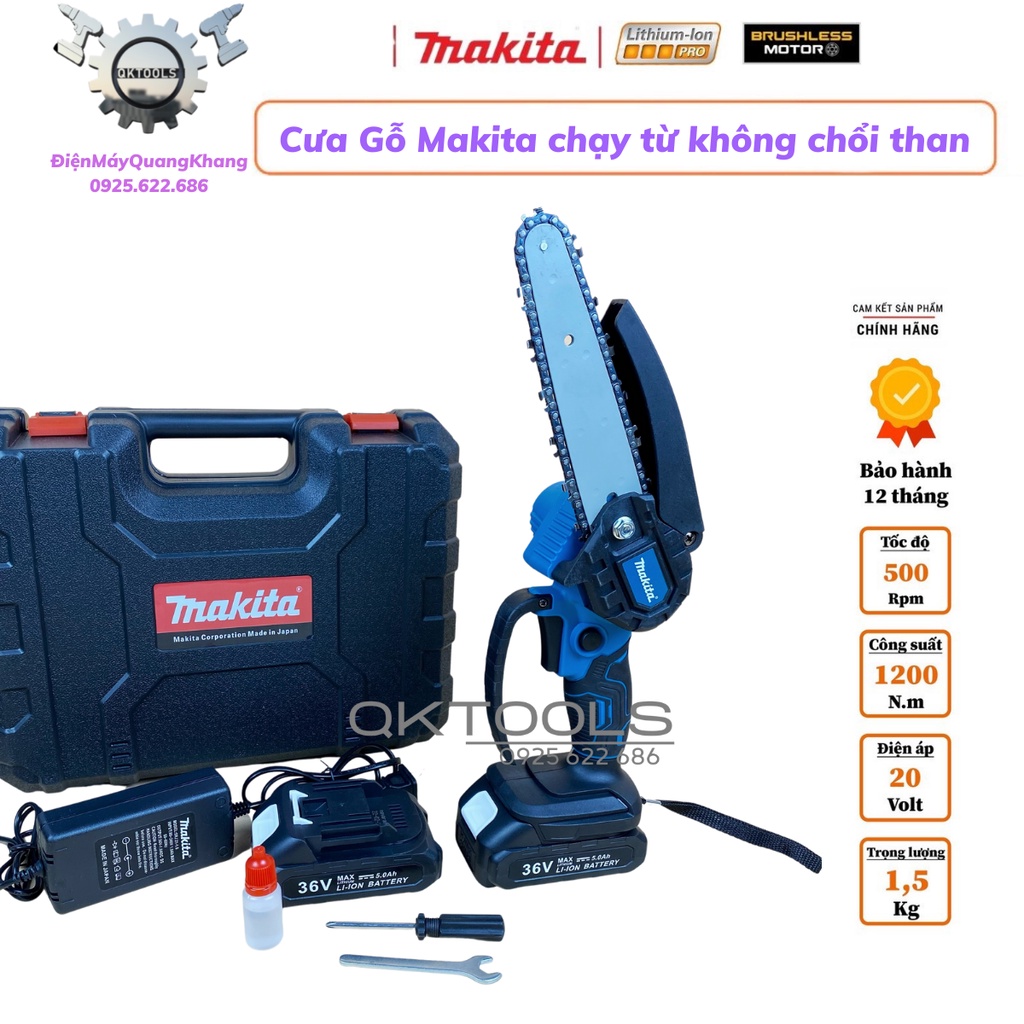 Máy cưa xích mini chạy pin Makita Động Cơ Không Chổi Than , mới nhất 2022