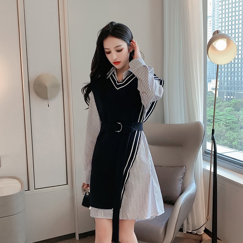 Set áo sơ mi dài tay họa tiết sọc dọc + đầm yếm thời trang nữ váy