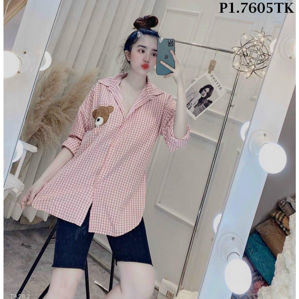 Set sơ mi ngố gấu, caro, áo dài tay cho nữ mặc đi chơi, mặc nhà, vải đẹp, giá hạt dẻ