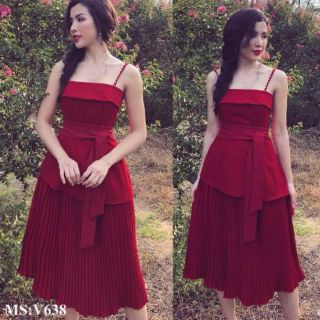 Váy 2 dây đính trai chân xếp ly xòe