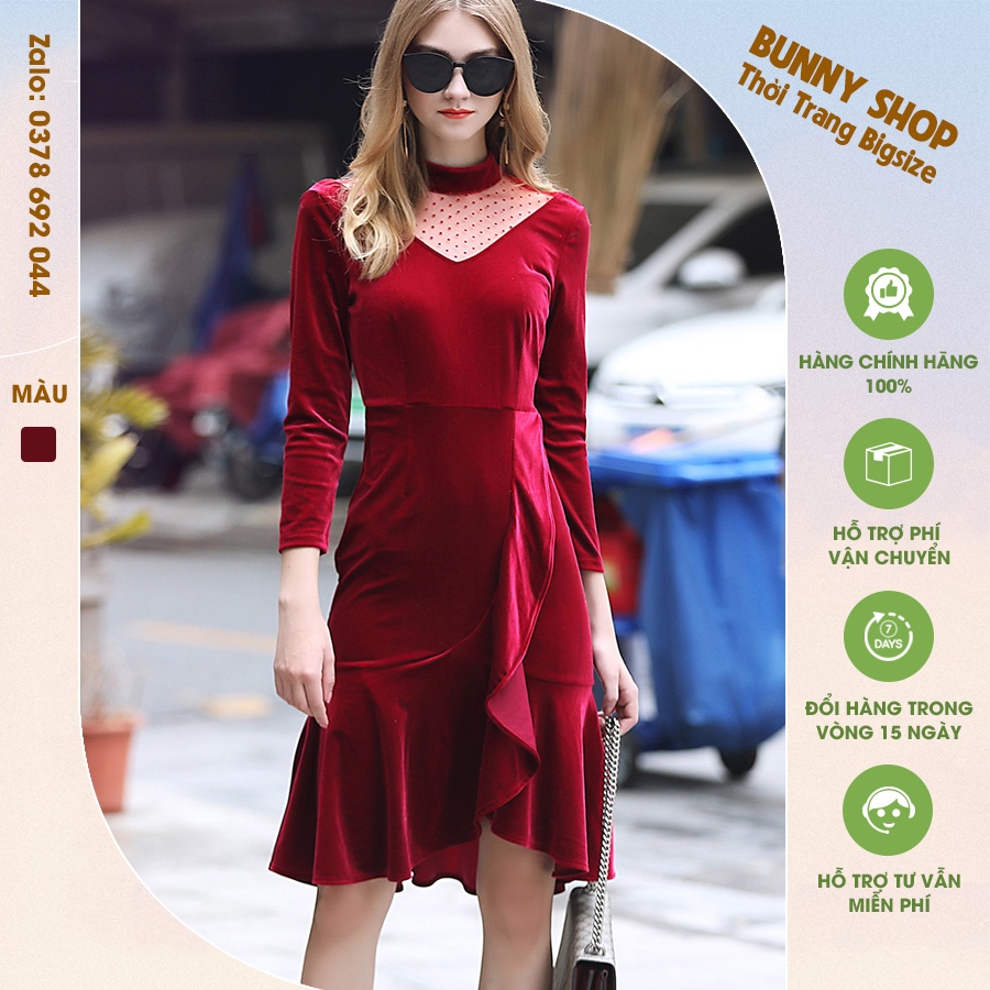 VBEO129 - Đầm nhung vạt xéo đuôi cá cho người béo mập, mũm mĩm bigsize che bụng mỡ