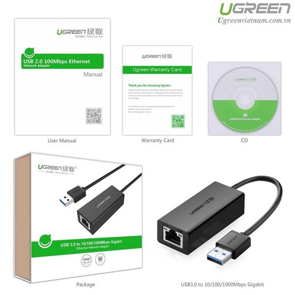 Cáp Chuyển USB To LAN 3.0 tốc Độ 10/100/1000Mbps Chính Hãng Ugreen 20255 trắng và Ugreen 20256 đen
