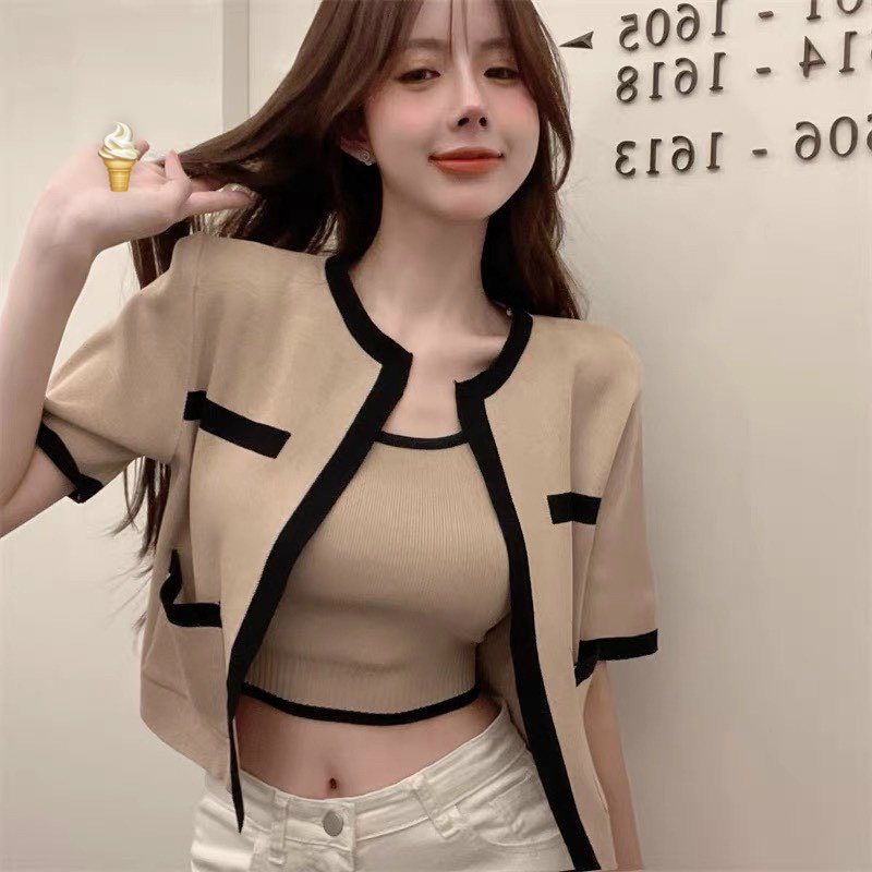 Áo cặp nữ 2 món áo khoác ngoài tay ngắn phối túi kèm áo thun ba lỗ 2 dây bản lớn hot