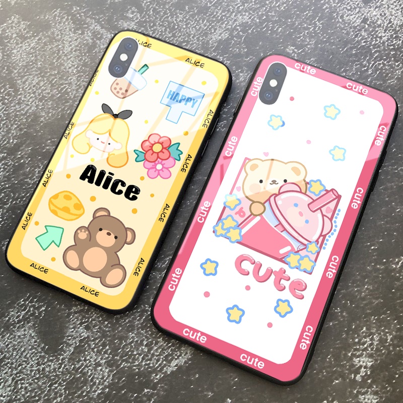 [IPHONE] Ốp kính cường lực Gấu Alice cute viền màu ốp lưng iphone 6s 6plus 7 plus 8 x xr xsmax 11 12 13 pro promax