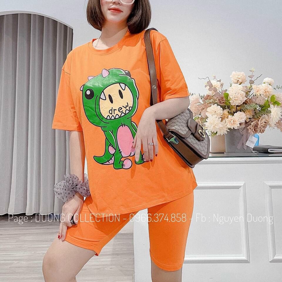 Đồ bộ thun cotton in khủng long dễ thương, đồ bộ nữ phom rộng tilot thun cotton cực đẹp và nhẹ nhàng size 40-62kg.