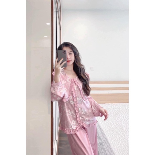 Set đồ ngủ lụa xước tiểu thư thiết kế QC siêu sang xịn