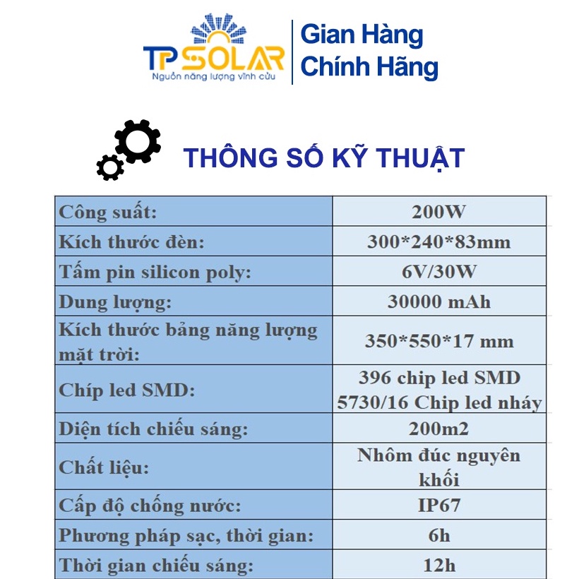 Đèn Pha Năng Lượng Mặt Trời Led Kim Cương Chống Chói Chống Lóa TP Solar TP-G200 Công Suất 200W