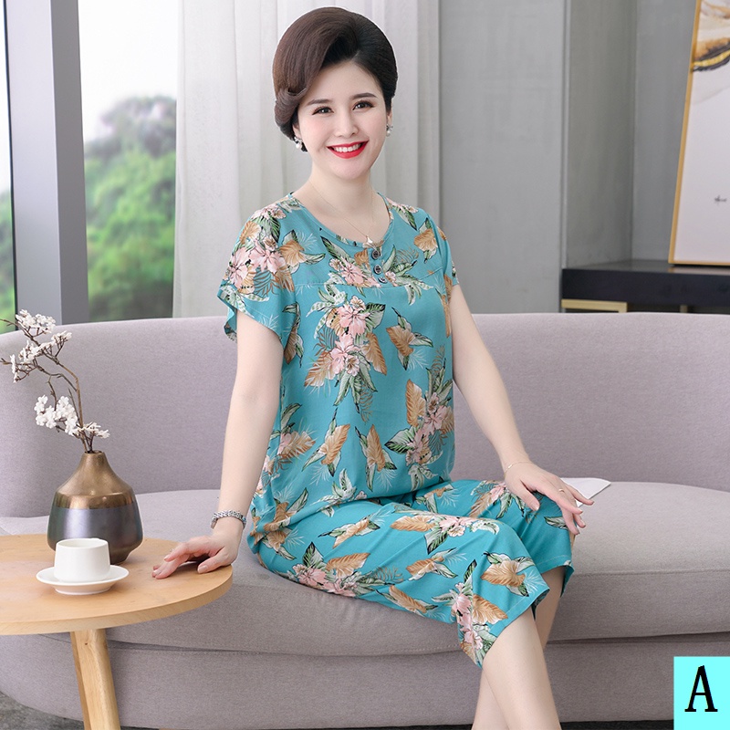 Bộ Đồ Ngủ Tay Ngắn Chất Cotton Lụa Thời Trang Cho Phụ Nữ Trung Niên
