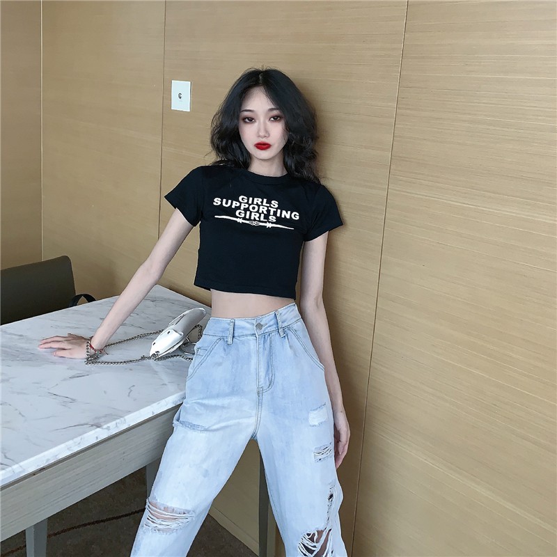 Set áo thun croptop tay ngắn cổ tròn + quần jeans dài nữ lưng cao chân ống rộng xanh nhạt rách 2 bên ulzzang ( 2 màu )