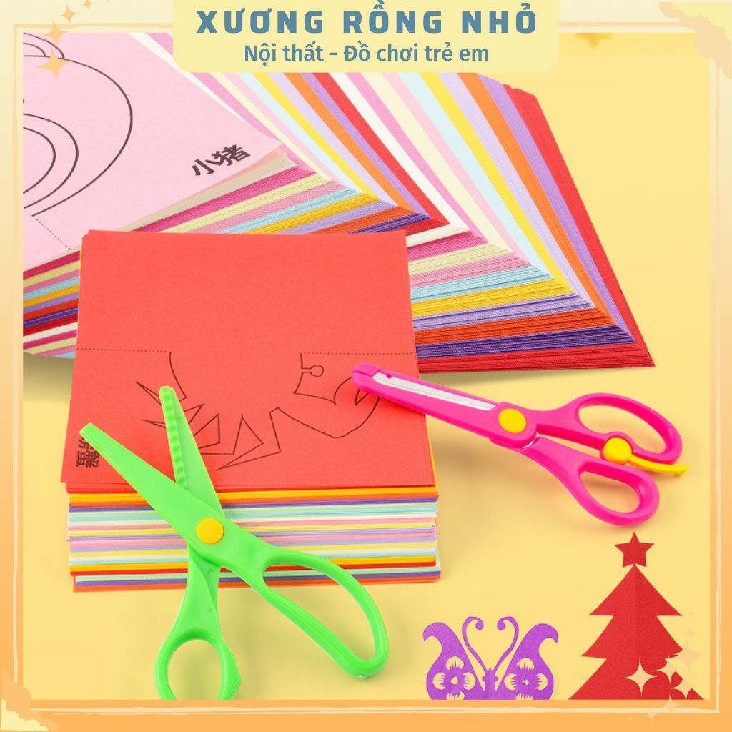 Bộ cắt giấy thủ công 180, 240 tờ tạo hình tặng kèm kéo nhựa cho bé - Xương Rồng Nhỏ